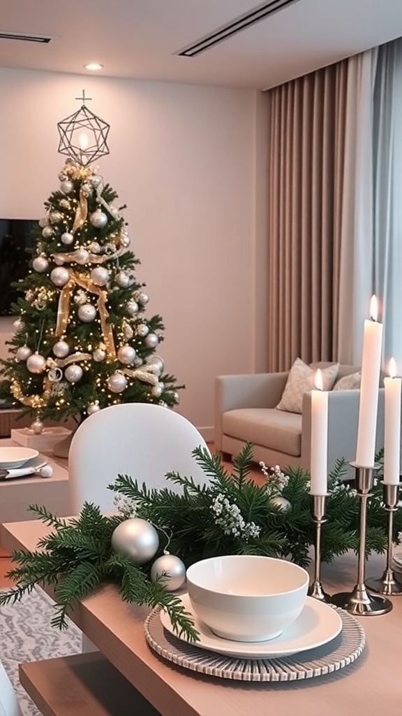 Modern Christmas decor featuring a minimalist tree with geometric ornaments, a stylish table setting with white dishes and greenery.